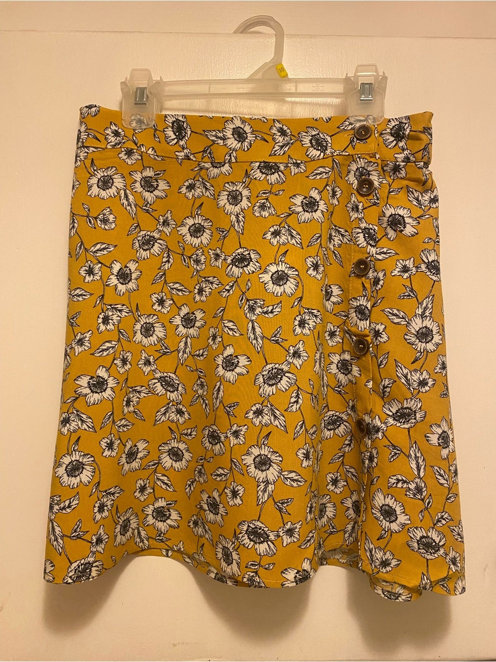 Pull&Bear Mustard Floral Skater Skirt with Side Buttons